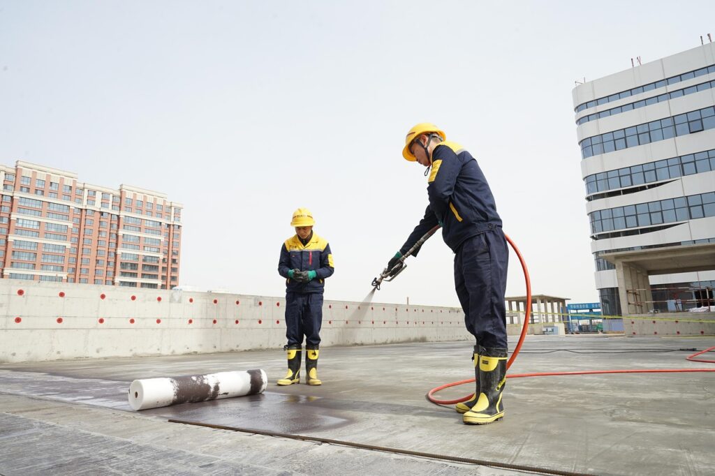 waterproofing, workers, construction site, roof top, men, working, spraying, safety gear, pressure spray, waterproofing, waterproofing, waterproofing, waterproofing, waterproofing